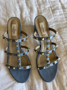 Valentino Blue Leather Rockstud Triple-Strap Heeled Sandals